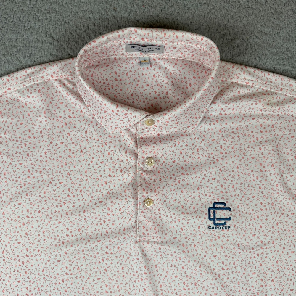 Peter Millar Men's Summer Comfort Golf Polo Shirt Sz Large Sea AOP Capo Cup